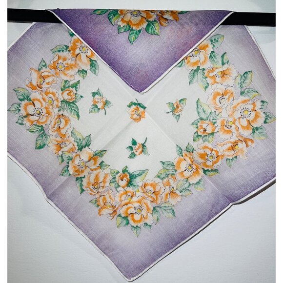 Vintage Floral Print Handkerchief With Purple Border - Picture 2 of 2
